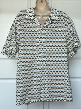 Men's Button Up Short Sleeve Geometric Pattern Shirt - White with Green & Brown